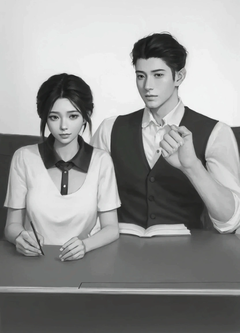 There was a man and a woman sitting at a table with books., Realistic art style, Artwork in the style of gouache, Inspired by Sim Sa Jung, High quality fan art, Realistic anime style, Realistic picture, Style in digital painting, digital sketch, [ digital art ]!!, Made with Anime Painter Studio., Realistic art style, Drawing in Anime Painter Studio