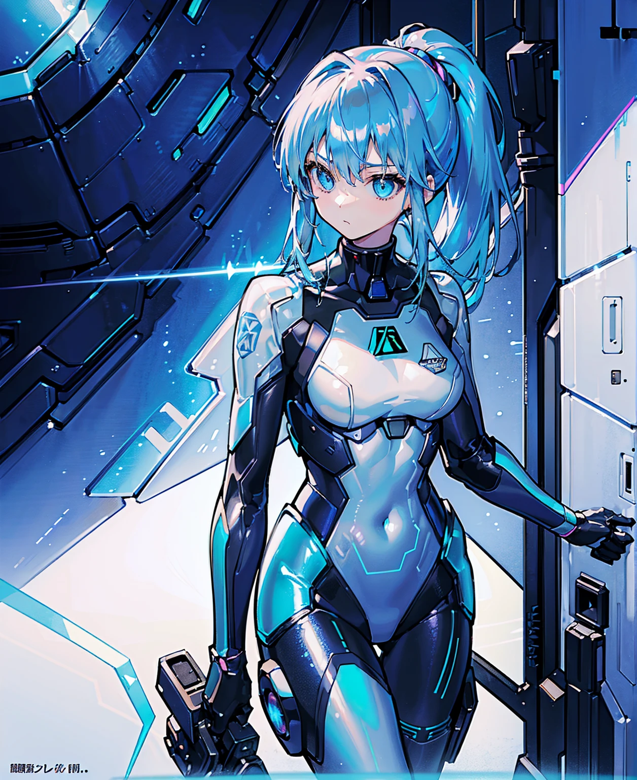 ((Holographic glow effect)),Blue Hair、Masterpiece、Best Quality、1 girl、Medium breast、((Album cover))、Light on Face、Slim Body、Blue Costume、Exoskeleton、metal Gear、Cyberpunk Style、ponytail、The Gundam pilot、attention arousal，Ride a fighter