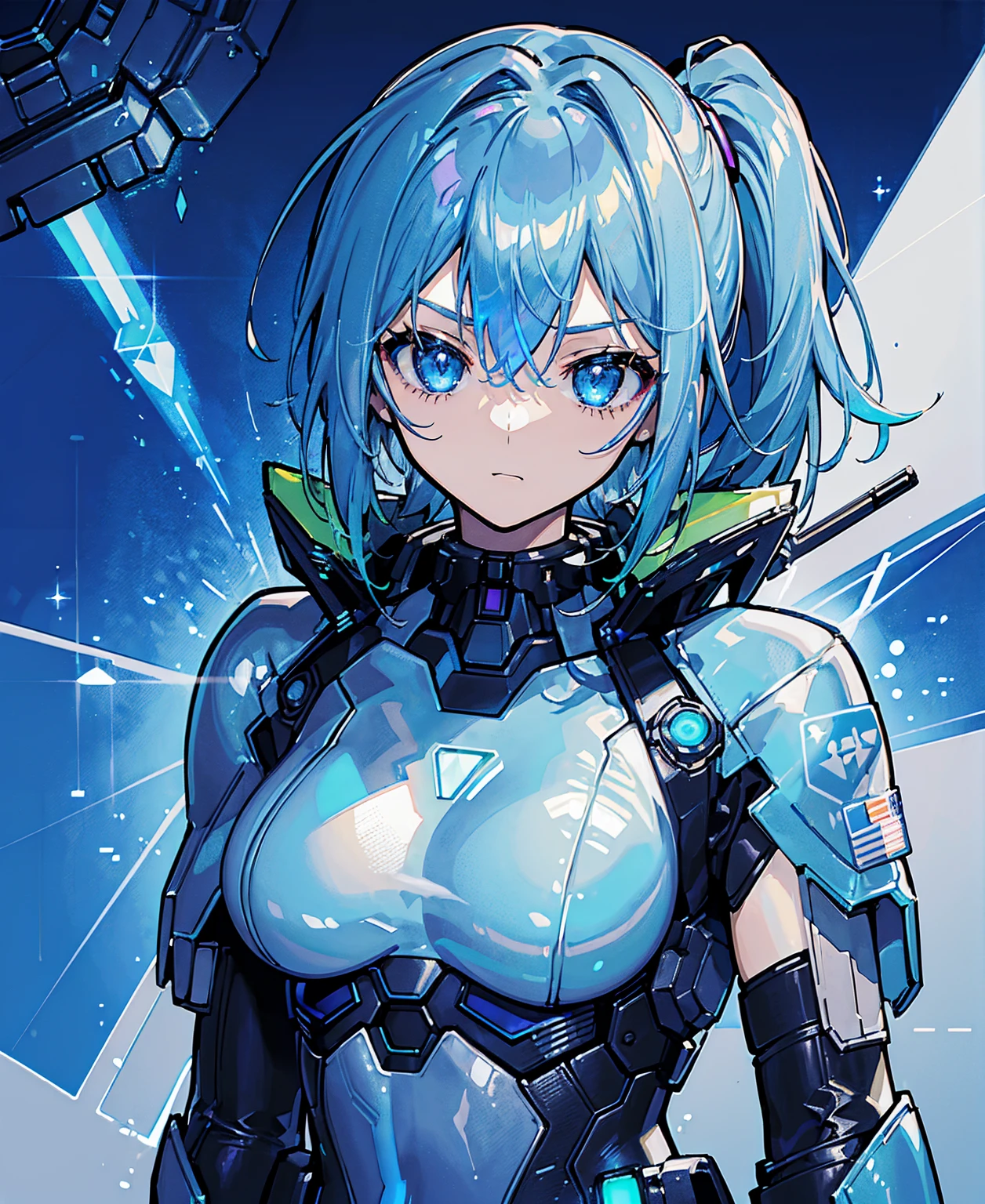 ((Holographic glow effect)),Blue Hair、Masterpiece、Best Quality、1 girl、Medium breast、((Album cover))、Light on Face、Slim Body、Blue Costume、Exoskeleton、metal Gear、Cyberpunk Style、ponytail、The Gundam pilot、attention arousal,Ride a fighter