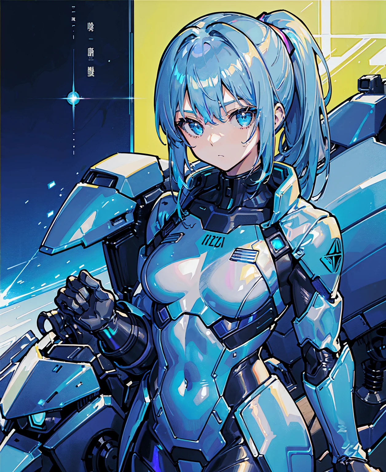 ((Holographic glow effect)),Blue Hair、Masterpiece、Best Quality、1 girl、Medium breast、((Album cover))、Light on Face、Slim Body、Blue Costume、Exoskeleton、metal Gear、Cyberpunk Style、ponytail、The Gundam pilot、attention arousal,Ride a fighter