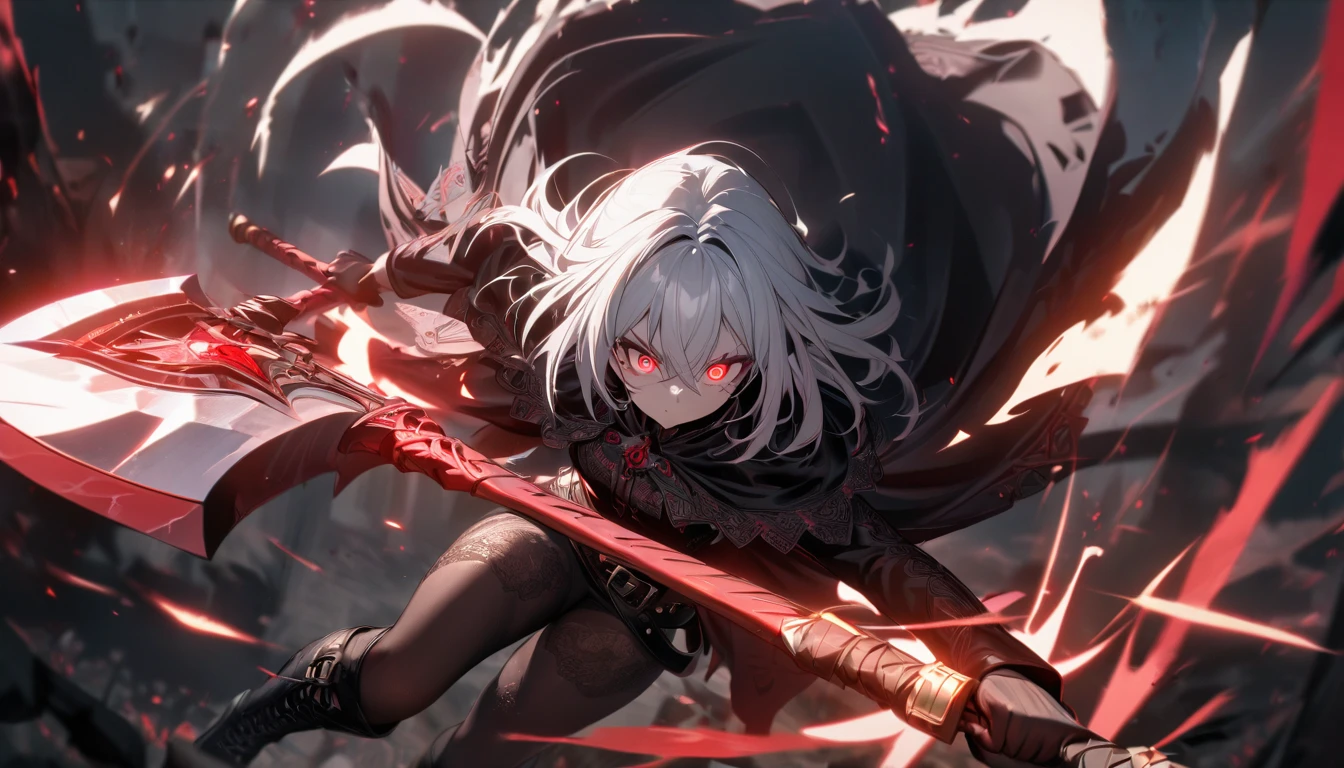 One girl, Alone, Long white hair, Red eyes, ((holding a battleaxe)), Black footwear, Boots, Show viewer, Belt, Capelet, Hair between the eyes, Long sleeves, black Capelet, black Pantyhose,sensual,piercing-eyed,dominant,8K,high quality, Texture Skins, Intricate Details,Glowing eyes,Slash,attack