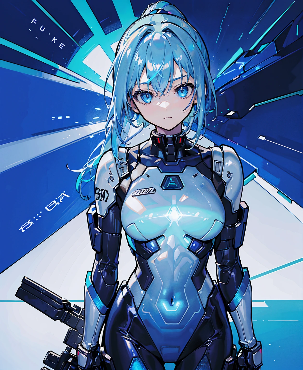 ((Holographic glow effect)),Blue Hair、Masterpiece、Best Quality、1 girl、Medium breast、((Album cover))、Light on Face、Slim Body、Blue Costume、Exoskeleton、metal Gear、Cyberpunk Style、ponytail、The Gundam pilot、attention arousal，Ride a fighter