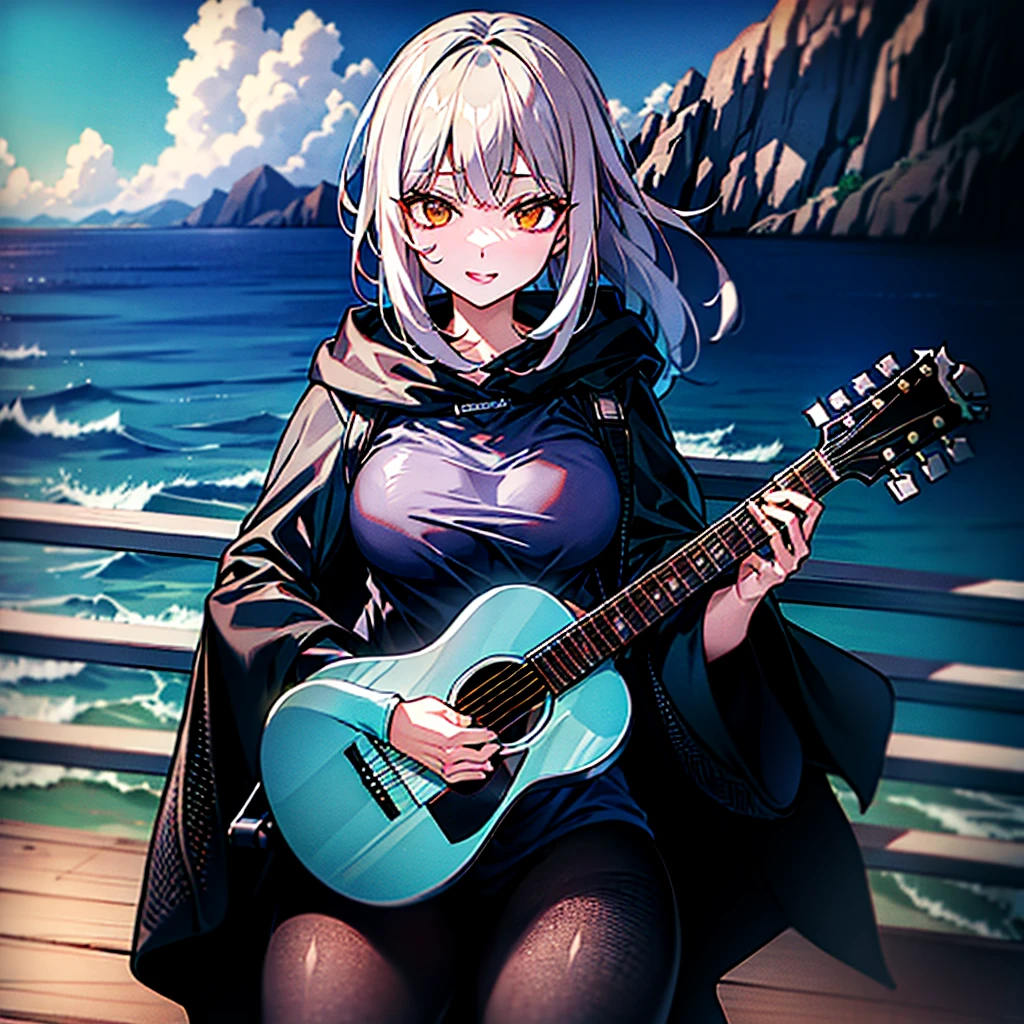 dusk，White hair girl，Wearing a black shirt，The hood covered her face，One hand holding a guitar，Facing the sea。