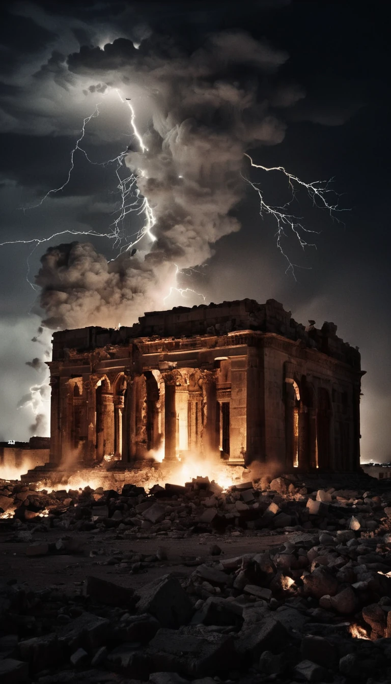 eye level of Lightning striking some ancient bulding in middle east, exploding and embers glowing in the aftermath., directed by Alexander Payne High-contrast, digital, black and white, sharp focus, deep blacks, brilliant whites, modern, digital B&W, a look of terror scared horrified