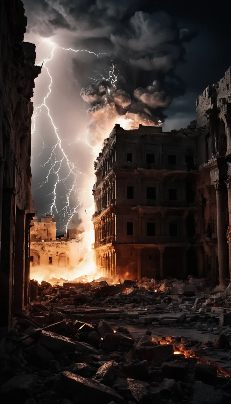eye level of Lightning striking some ancient bulding in middle east, exploding and embers glowing in the aftermath., directed by Alexander Payne High-contrast, digital, black and white, sharp focus, deep blacks, brilliant whites, modern, digital B&W, a look of terror scared horrified
