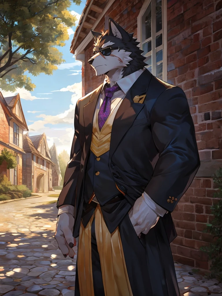 embedding:black wolf, male,purple eyes,Scar on the face, scar on the body,Single person,Smart posture, smart expression,father,Majestic, mob boss,sunglasses,In front of the characters is the house.Manor style architecture,Tall, mature,father，A modern manor,In the courtyard,Gravel road,Serious,Handsome, silent,Maturity,The highest quality of scene detail,adult,Tall and powerful,muscle，Exquisite scenes,Best quality hands, best quality eye，detailed fur，Delicate eyes.Extreme picture quality，by sollyz,by zixiong,by milkytiger1145