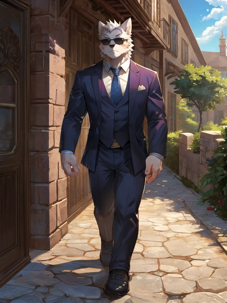 embedding:black wolf, male,purple eyes,Scar on the face, scar on the body,Single person,Smart posture, smart expression,father,Majestic, mob boss,sunglasses,In front of the characters is the house.Manor style architecture,Tall, mature,father,A modern manor,In the courtyard,Gravel road,Serious,Handsome, silent,Maturity,The highest quality of scene detail,adult,Tall and powerful,muscle,Exquisite scenes,Best quality hands, best quality eye,detailed fur,Delicate eyes.Extreme picture quality,by sollyz,by zixiong,by milkytiger1145