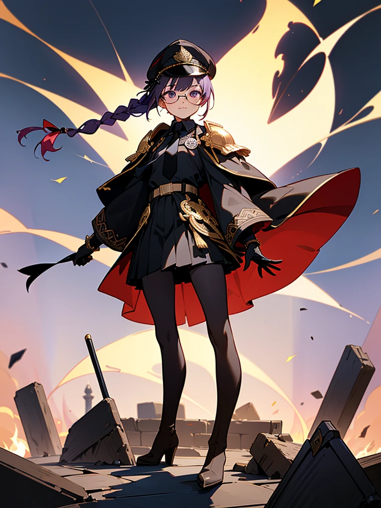 realisitic, City Deserted, Pile of rubble, Brick building, a one woman (18 years old, far away blackw hair, far away slits, Eyes red, glare eyes, 精致的面容, standing (In floor, feet shoulder-width apart), Lolita style military uniform (blackw base, Red Insert, golden decoration, volantes, wide sleeves, dainty and delicate detailing armors), blackw far away gloves (blackw, Red Insert, golden decoration, small hands, armors), blackw far away gloves, knee high boots (blackw, high-heels, red soles), ha (blackw, aba dourada, shield emblem, delicate details), arms in front, Front of belly, Holding military swords with both hands (blackw, golden decoration, delicate detail, Handle at the top, Ground-facing blade, in front of the body, far away), night sky (blackw, stele, Increased flames and smoke) Pale painting style, One Girl, super high quality, Super Detail, Super Detailed image, long hair, looking at viewer, skirt, shirt, hair ornament, violet eyes, gloves, round glasses, long sleeves, hat, closed mouth, jacket, violet hair, braid, open clothes, necktie, black gloves, black skirt, uniform, single braid, open jacket, black jacket, black headwear, 手链, Peaked cap, black necktie, cropped jacket, military hat, pantyhose, Flat Chest, smile, Black Cape