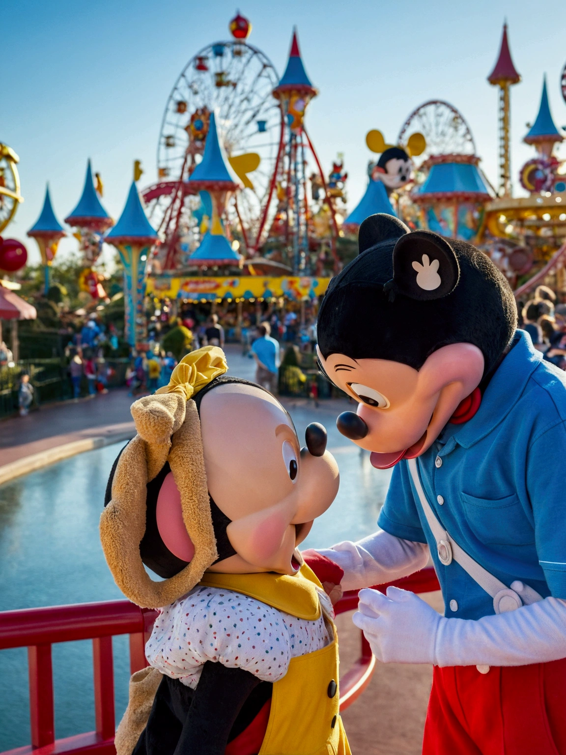 two children standing next to each other while having fun, children's amusement park , with a Ferris wheel with Mickey Mouse in the background , dream world, , background is Disneyland Ferris wheel, detailing , Clear picture, best quality profile picture, Disney 8 K photo,