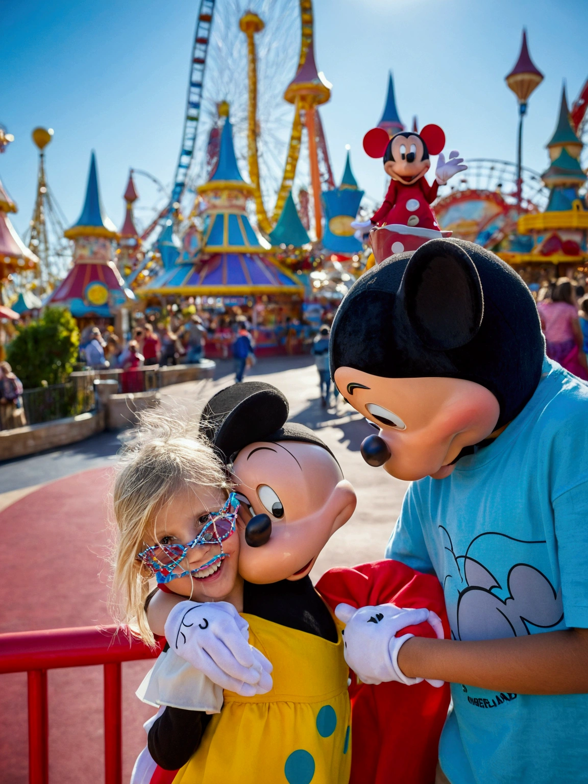 two children standing next to each other while having fun, children's amusement park , with a Ferris wheel with Mickey Mouse in the background , dream world, , background is Disneyland Ferris wheel, detailing , Clear picture, best quality profile picture, Disney 8 K photo,