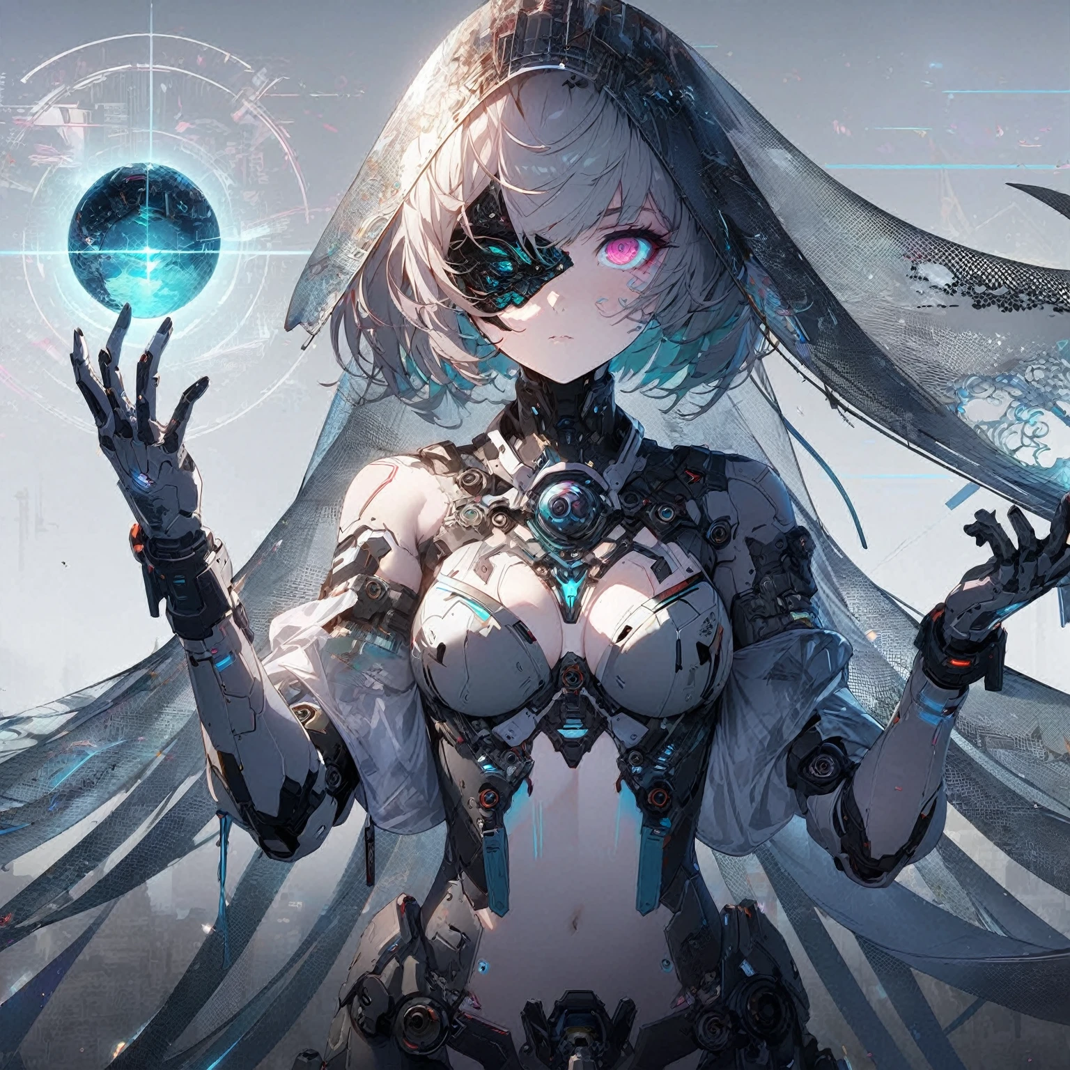 A female that have short, light-colored hair and are wearing an advanced suit of armor with intricate designs and glowing elements. One eye is visible while the other is covered by a dark patch, (nude:0.9), especially on the arms and torso, A spherical object emitting blue light, elements of cyberpunk, and sci-fi fashion, mechanical details, futuristic outfit, high-tech fashion, detailed gorgeous face| anime style| key visual| intricate detail| highly detailed| breathtaking| vibrant| panoramic| cinematic| Carne Griffiths| Conrad Roset| gibbli 8k