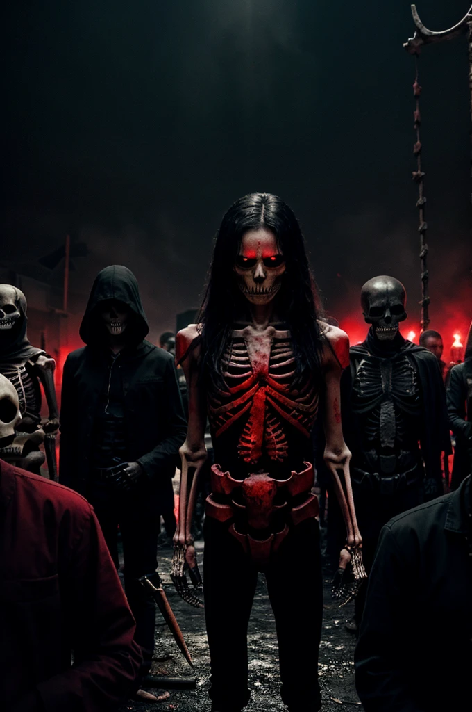 Skeleton crowd standing together in darkness and spot the one skeleton in smoking in blood rain make the background colour theme black and red 