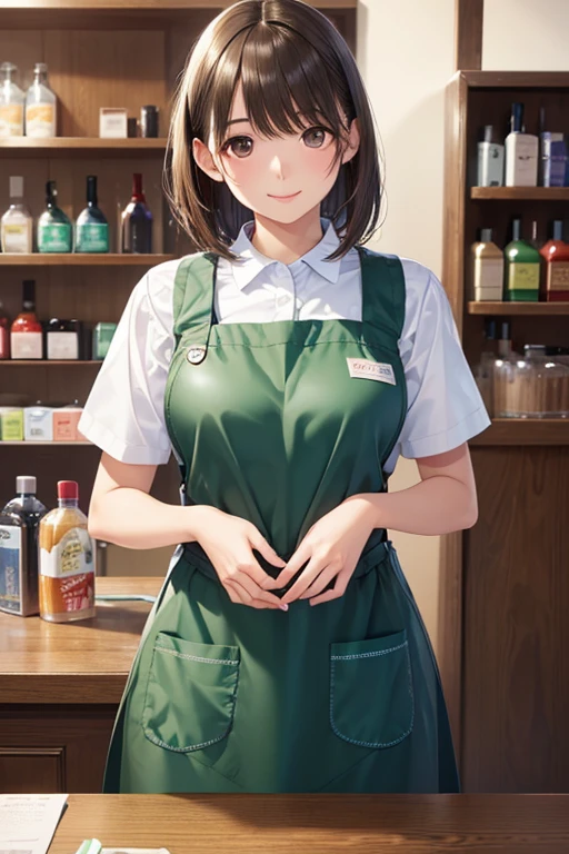 anegasaki nene、Shiny brown hair, short hair, (Beautiful brown eyes、Sparkling eyes, Fine grain)、smile、Ultra-detailed eyes、Highly detailed face, Highly detailed eyes,Cowboy Shot、



(masterpiece:1.2, Highest quality),(Realistic, photoRealistic:1.4),1 female,
(Highest quality、Tabletop、8k、Best image quality、Award-winning works)、a woman working at a convenience store、
(The most natural and perfect plain green simple apron:1.3)、(Simple green apron:1.2)、Classy shirt、
(Accentuate your body lines:1.1)、(Standing Elegantly:1.1)、Beautiful woman portrait、The most natural and perfectly organized convenience store、There are convenience store shelves in the background.、Perfectly organized shelves、Shelves lined with products made from natural materials、(very bright and vivid:1.2)、Strongly blurred background、Look at me and smile、(Accurate :1.1)、Ultra high resolution perfect beautiful teeth、Ultra-high definition beauty face、Ultra HD Hair、Ultra HD Shining Eyes、(輝く超高解像度のGlowing Beautiful Skin:1.3)、(Glowing Beautiful Skin:1.2)、Super high quality glossy lip