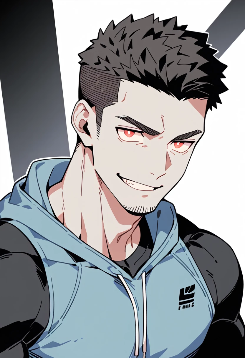 anime characters：Priapus, Black Grey Skin Muscle Sports Student,Manliness, male focus, Sports tight hooded sweatshirt, Under Armour Brand, Wear a high-necked tights underneath, Very tight, full and perky chest muscles, muscular male, muscular, only, Upper body, alone, Red short hair, Thick eyebrows, stubble, Brown-red pupils, White background, simple background, amazing quality, best aesthetics, Ridiculous, crew cut, smirk, bright pupils, grin, negative space, negative space, best quality