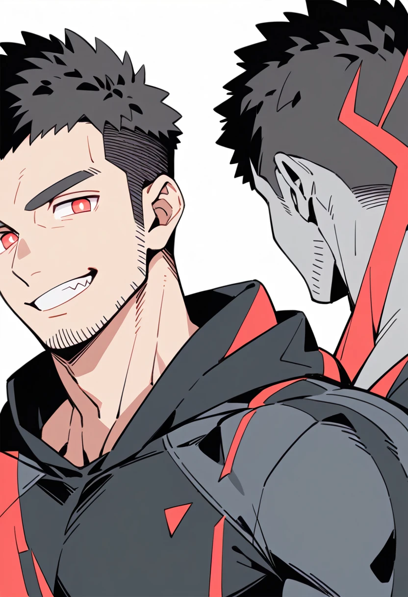 anime characters:Priapus, Black Grey Skin Muscle Sports Student,Manliness, male focus, Sports tight hooded sweatshirt, Under Armour Brand, Wear a high-necked tights underneath, Very tight, full and perky chest muscles, muscular male, muscular, only, Upper body, alone, Red short hair, Thick eyebrows, stubble, Brown-red pupils, White background, simple background, amazing quality, best aesthetics, Ridiculous, crew cut, smirk, bright pupils, grin, negative space, negative space, best quality