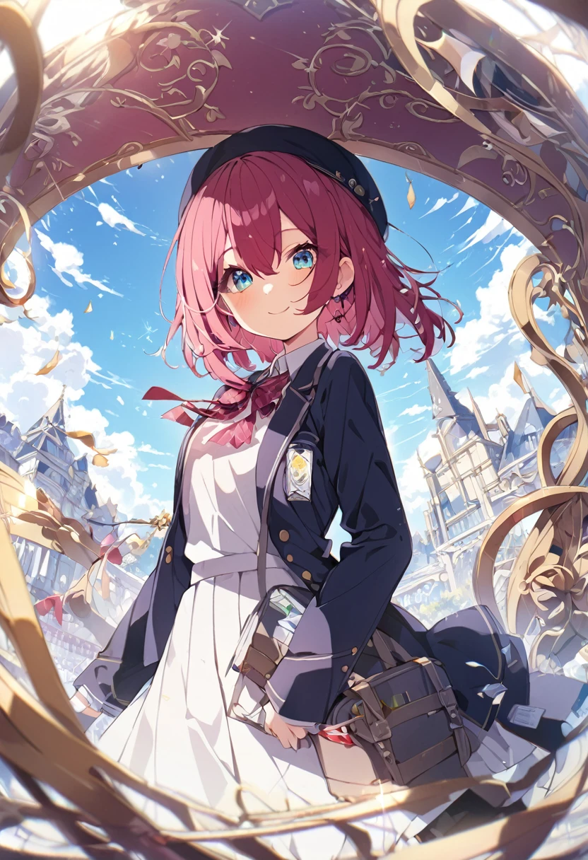 Ultra-fine illustration、mashiro_iro_Symphony、{{Solo Girl}}、{pretty girl}、whole body,(No hat:1.5)、Beautiful Hair、{Wine red color hair}、{Medium Hair}、{Sky Blue Color Idea Mbletz}、Beautiful Eyes、{school uniform},{blazer}、A light smile、green々cheeks、Close your mouth、cherry blossom sky、{8K masterpiece}、Intricate details,employment {Highest quality}、{Best detailed sparkle},{Best detailed eye}