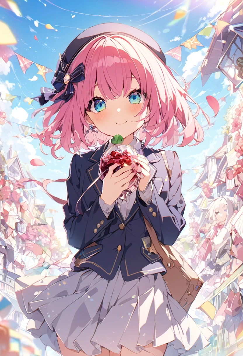Ultra-fine illustration、mashiro_iro_Symphony、{{Solo Girl}}、{pretty girl}、whole body,(No hat:1.5)、Beautiful Hair、{Wine red color hair}、{Medium Hair}、{Sky Blue Color Idea Mbletz}、Beautiful Eyes、{school uniform},{blazer}、A light smile、green々cheeks、Close your mouth、cherry blossom sky、{8K masterpiece}、Intricate details,employment {Highest quality}、{Best detailed sparkle},{Best detailed eye}