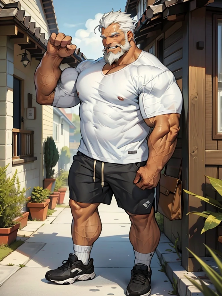 muscular old man in front house, old man, thick arm, huge arm, bearded. white hair and beard, bearded, muscular, pectoral, wide pectoral, realistic, 8k, masterpiece, (wearing shorts and white shirt:1.3, shoes), smile