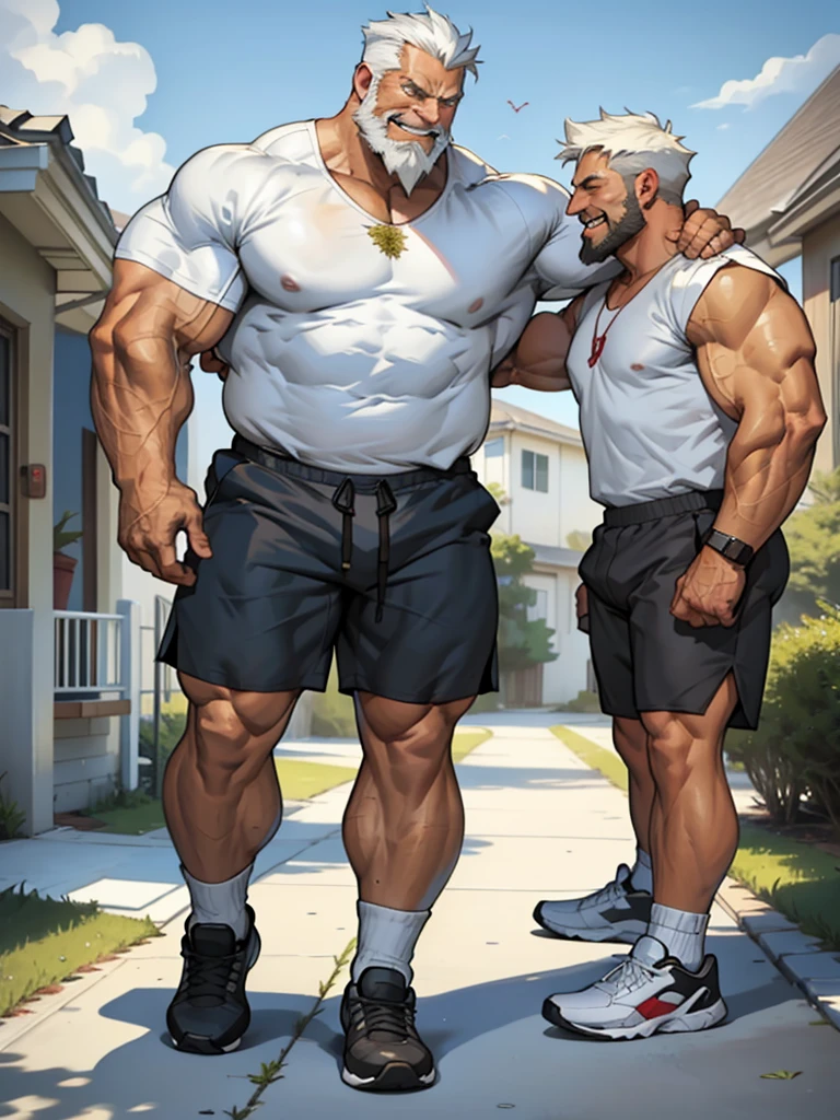 muscular old man in front house, old man, thick arm, huge arm, bearded. white hair and beard, bearded, muscular, pectoral, wide pectoral, realistic, 8k, masterpiece, (wearing shorts and white shirt:1.3, shoes), smile