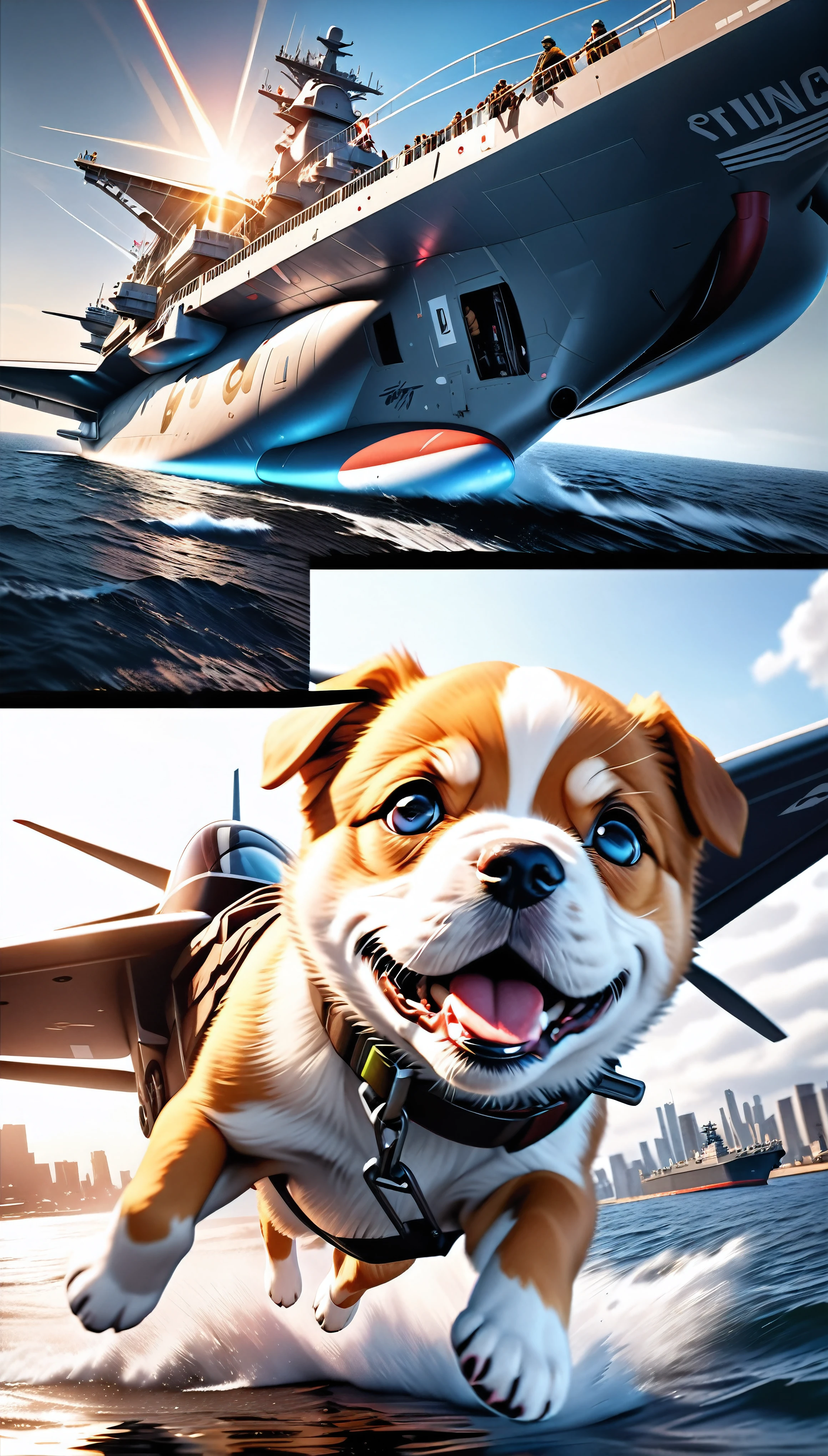 Flying Puppy, Launched from an aircraft carrier catapult, detailed, hyperrealistic, vibrant colors, dramatic lighting, striking composition, (best quality, masterpiece:1.2), ultra-detailed, (realistic, photo-realistic:1.37), dramatic angle, dynamic action, dramatic lighting, striking contrast, vivid colors, highly detailed, professional photography, photorealistic, cinematic, 3D rendering, 4K, 8k, highres