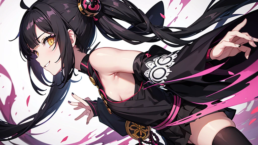 solo anime girl, style kimetsu no yaiba, skick smile, yellow eyes, japanese black dress, gothic girl, inspired in Jujutsu Kaisen, madness, wednesday girl, twin tail hair
