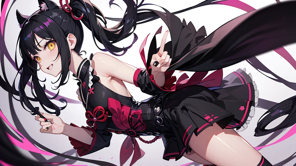 solo anime girl, style kimetsu no yaiba, skick smile, yellow eyes, japanese black dress, gothic girl, inspired in Jujutsu Kaisen, madness, wednesday girl, twin tail hair
