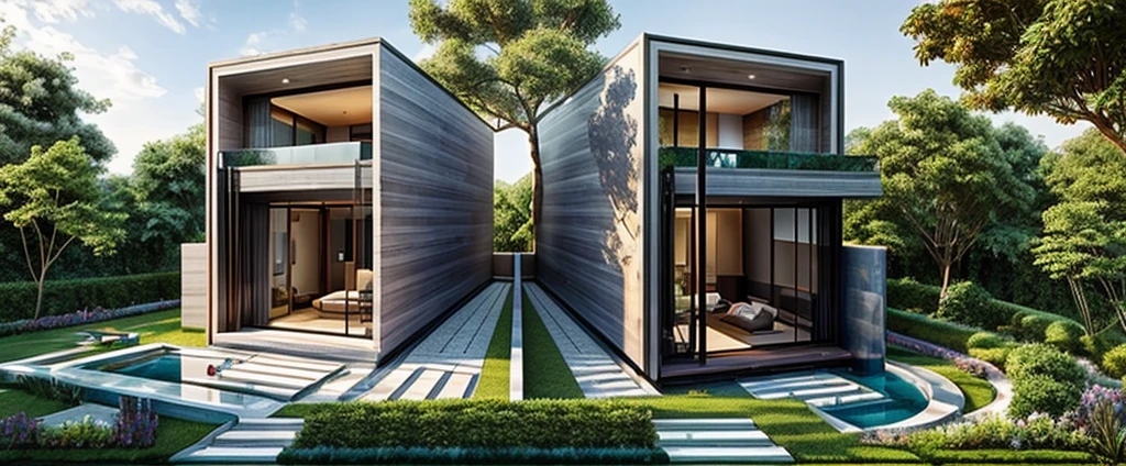 (((best quality, masterpiece))), (surreal, optical:1.2), high quality, (daylight:1.2), perfect lighting,(residential) modern house modern, main material ((wood: gray stone:0,4)), villa, modern gray house, modern, dynamic light, super light, ((light emitted from inside the house: 1.1)) , ((clear blue sky:1.3)), ((garden lights)), rock, peaceful, romantic , ((haze)), nhà trệt lửng