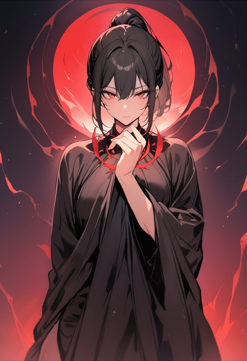 ((masterpiece)), ((best quality)), (from front:1.2), (half-body shot:1.4), 1man, adult man, solo, athletic, ponytail tied long black hair, red eyes, black cloak covering body, one hand making red spiral energy, looking at viewers