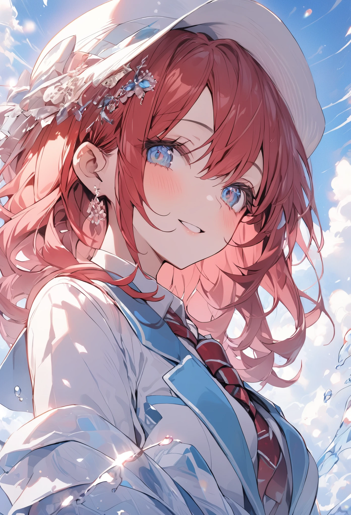 Ultra-fine illustrationashiroiro Symphony)、{{Solo Girl}}、{pretty girl}、whole body,(No hat:1.5)、Beautiful Hair、{Wine red color hair}、{Medium Hair}、{Sky Blue Color Idea Mbletz}、Beautiful Eyes、{school uniform},{blazer}、A light smile、green々cheeks、Close your mouth、cherry blossom sky、{8K masterpiece}、Intricate details,employment {Highest quality}、{Best detailed sparkle},{Best detailed eye}