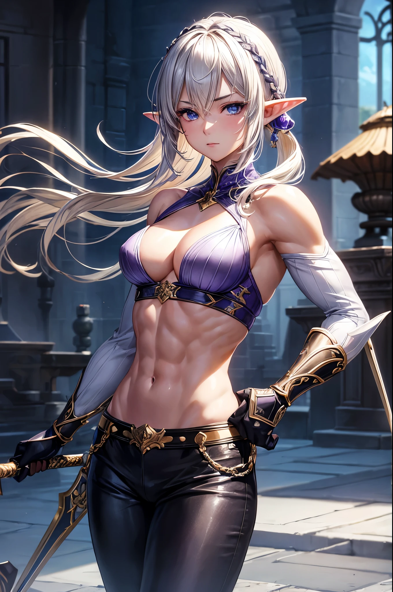 8k、Short blonde bobヘアのエルフ、Super Beauty(Realistic)、Alafeid woman dressed in purple and black、Ultra-detailed fantasy characters、3D Rendering Character Art、blue eyes、Detail Fantasy、Stunning Armor、Amazing character art、Gorgeous Female Paladin、Ultra-high resolution、Ultra-Realistic Skin、Beautiful expression、Sexy Appearance、Fascinating、Beautiful small breasts、Rich colors、Backlight、Cinema Lighting、Film Grain、50mm lens、Nikon D850、Fantasy art、In the dark dungeon、make、Elf Ears、Very muscular and slim build、Very strong and toned abdominal muscles腹筋(Six Pack)、Silver hair ornament(one point)、Purple and black combat pants、湾曲した銀2Hold two swords in each hand、Preparing for battle、Short blonde bob,Strengthen all body muscles,Very strong and toned abdominal muscles(Six Pack),２Hold two swords in each hand,Silver hair ornament,Amazing muscles,Bodybuilder,Dynamic fighting pose,Black and purple combat trousers,