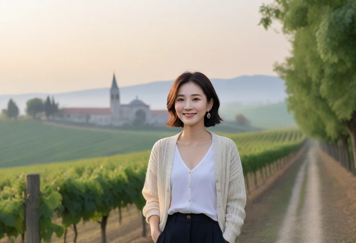 8k best picture quality, Beautiful 36-year-old Korean woman, Chest size 34 inches, Dawn in the northern Italian countryside, View of the cathedral next to the vineyards, The back background is realistic and vivid quality., short medium hair, white shirt and cardigan, Wear casual pants, Smile slightly. the background is clear, look up to the side. Looking at the vineyards covered in thick fog from the sycamore trees hill road