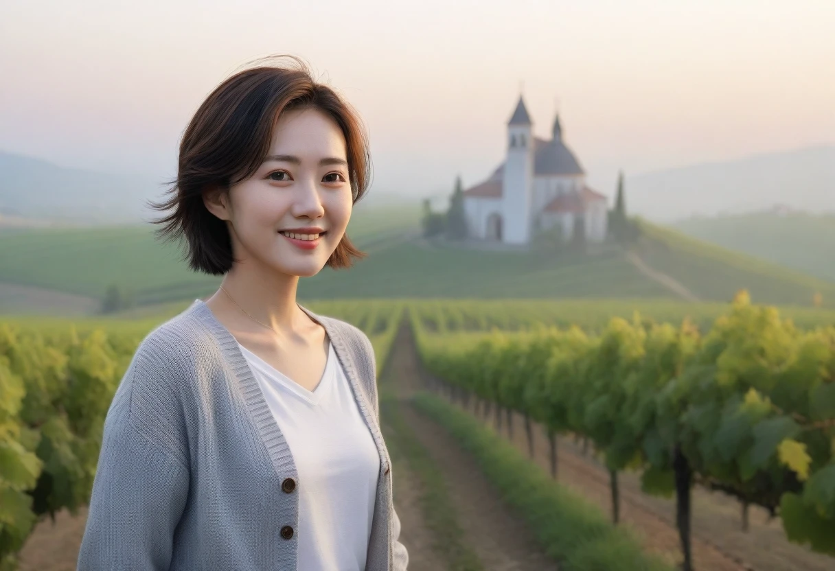 8k best picture quality, Beautiful 36-year-old Korean woman, Chest size 34 inches, Dawn in the northern Italian countryside, View of the cathedral next to the vineyards, The back background is realistic and vivid quality., short medium hair, white shirt and cardigan, Wear casual pants, Smile slightly. the background is clear, look up to the side. Looking at the vineyards covered in thick fog from the sycamore trees hill road