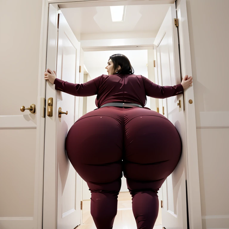 masterpiece, 1girl behind a doorway, from behind, (doorstuck, stuckbehind:1.3), ssbbw ,huge hips, round belly, thick thighs, giant butt,colorful clothing, wearing a maroon red suit and tie and formal pants, upset, desperately trying to wiggle through, she tries to free herself but she won't budge, she is stuck tight view from behind, she is too wide, the doorway is quite narrow too, she kicks her legs furiously, trying to wiggle her hips through the small door, but its no good, the door is too small, she keeps trying to squeeze through with frustration, she is stuck too tight