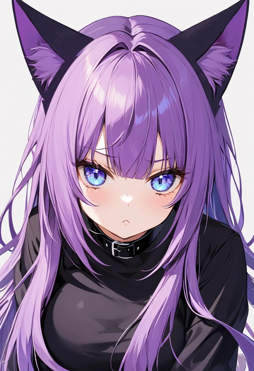 1girl, Blue eyes, Long Hair, Bangs, Purple Hair, Breasts, pout, black collar, cat ears, purple cat tailc, black clothes
