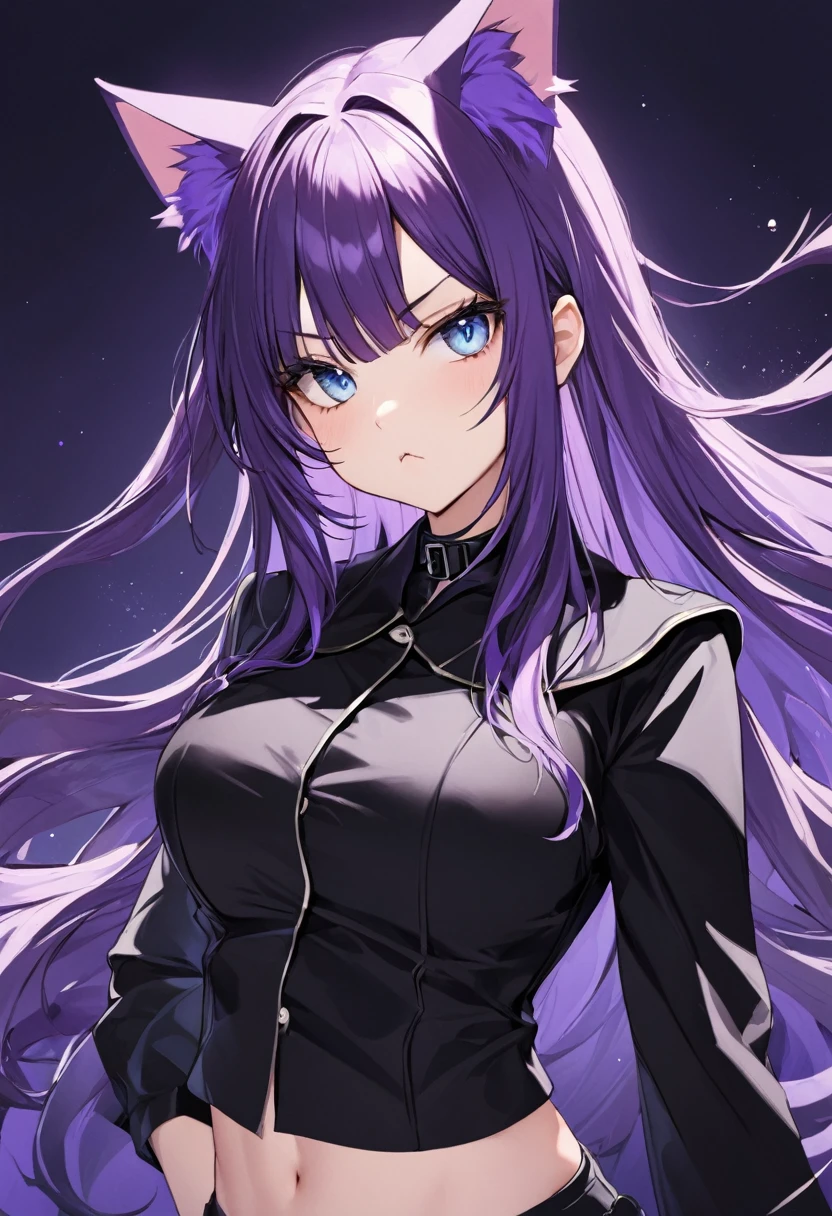 1girl, Blue eyes, Long Hair, Bangs, Purple Hair, Breasts, pout, black collar, cat ears, purple cat tailc, black clothes