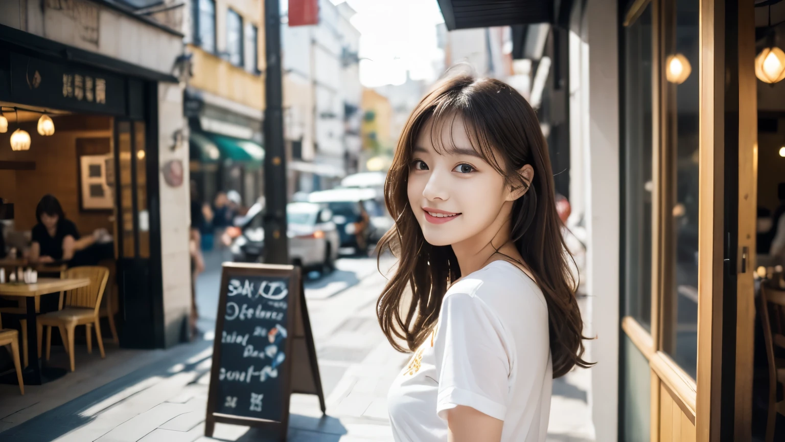 super high quality, Fashion Model, smile, Slenderのネックレス, Slender, The staff is working at the counter in the back., (8k、RAW Photos、Highest quality、masterpiece:1.2), Japanese Idol, Stylish café, (Realistic、Photorealistic:1.37), Bob Hair, Mesh Hair, Urban Cafe, Golden Ratio, Raw photo, Cute face , Light Brown Hair, Small breasts, Bright cafe interior, Blurred Background, Summer clothes, Beautiful hairstyle, Cafe Terrace, Open Cafe, Photographed inside the cafe, Hair blowing in the wind, boyish, T-Shirts, 18-year-old, younger sister,