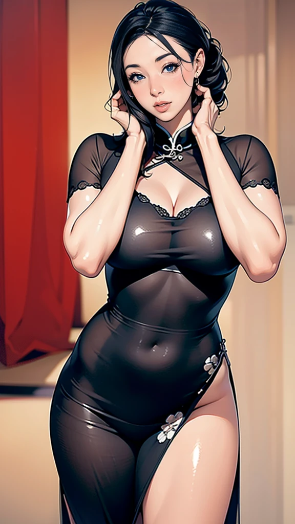 (masterpiece:1.2, highest quality),(Realistic, photoRealistic:1.4),1 female,Mature Woman,48 years old,Big eyes,Long eyelashes,(Thick lips),Black Hair,Random hairstyle,Beautiful Skin,Shiny skin,Beautiful female hands,Detailed hand drawing,Beautiful legs,(whole body),BREAK(China dress),(Standing posture),(Model pose),(The background is a Chinese-style room),(((Background Blur:1.5))),(((hand on the head)))