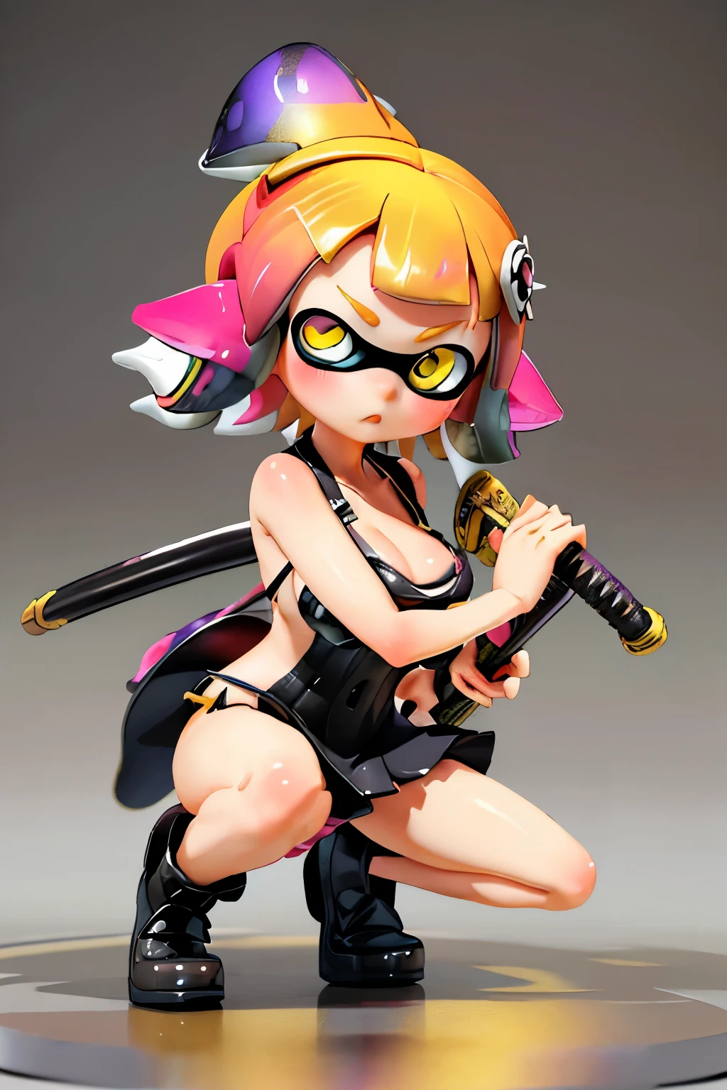 masterpiece, Highest quality, High resolution, Real Anime、3d、1girl battoujutsu, One knee、action shot、Splatoon Girl、whole body、Golden Eyes、A slightly thinner face、blush、Multicolored tentacle hair、gigantic breast、Cleavage、Punk rock outfit、Dynamic Angle、