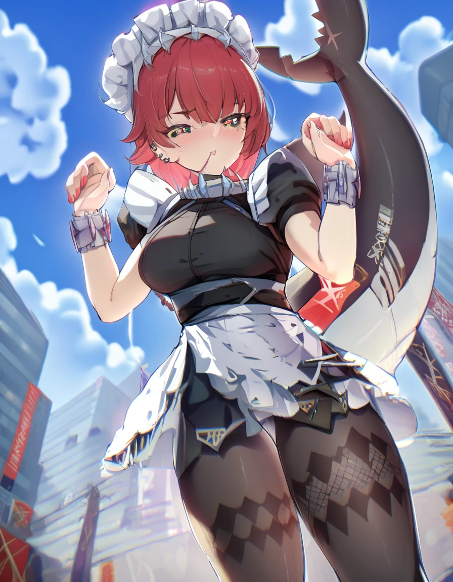 ellenjoe, ellen joe, black hair, colored inner hair, multicolored hair, (one red eye:1.3), red hair, short hair, two-tone hair, BREAK bapron, black pantyhose, black shirt, black skirt, ear piercing, fins, fish tail, maid, maid apron, maid headdress, pantyhose, piercing, puffy short sleeves, puffy sleeves, shark girl, shark tail, shirt, short sleeves, skirt, tail, two-tone hair, wrist cuffs, BREAK outdoors, city, sky, clouds, sun, park BREAK looking at viewer, (cowboy shot:1.5), BREAK (masterpiece:1.2), best quality, high resolution, unity 8k wallpaper, (illustration:0.8), (beautiful detailed eyes:1.6), extremely detailed face, perfect lighting, extremely detailed CG, (perfect hands, perfect anatomy)
