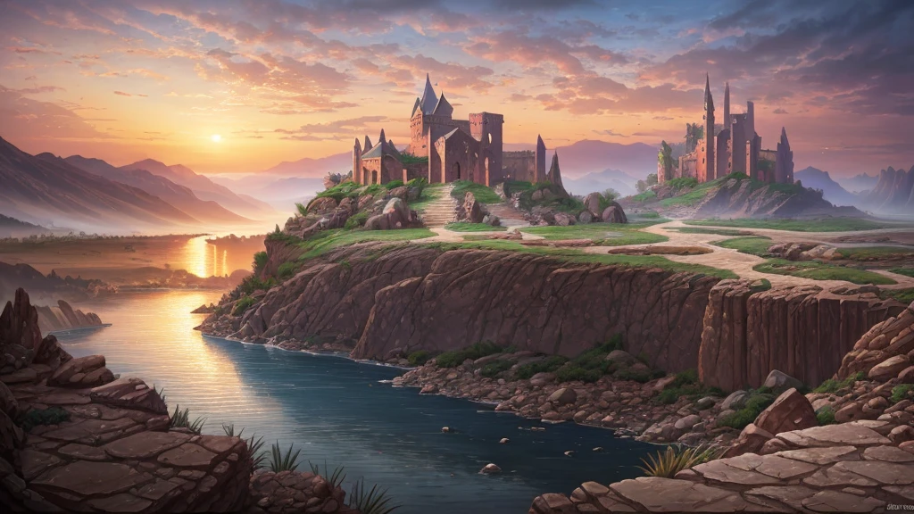 wide angle, panoramic view, a detailed fantasy landscape, enchanted desert, majestic lake, inspired by tolkien, in the style of john howe, ruins, ruined fortress, best quality, 4k, 8k, highres, masterpiece:1.2, ultra-detailed, realistic, photorealistic, photo-realistic:1.37, hdr, uhd, studio lighting, ultra-fine painting, sharp focus, physically-based rendering, extreme detail description, professional, vivid colors, bokeh, cinematic