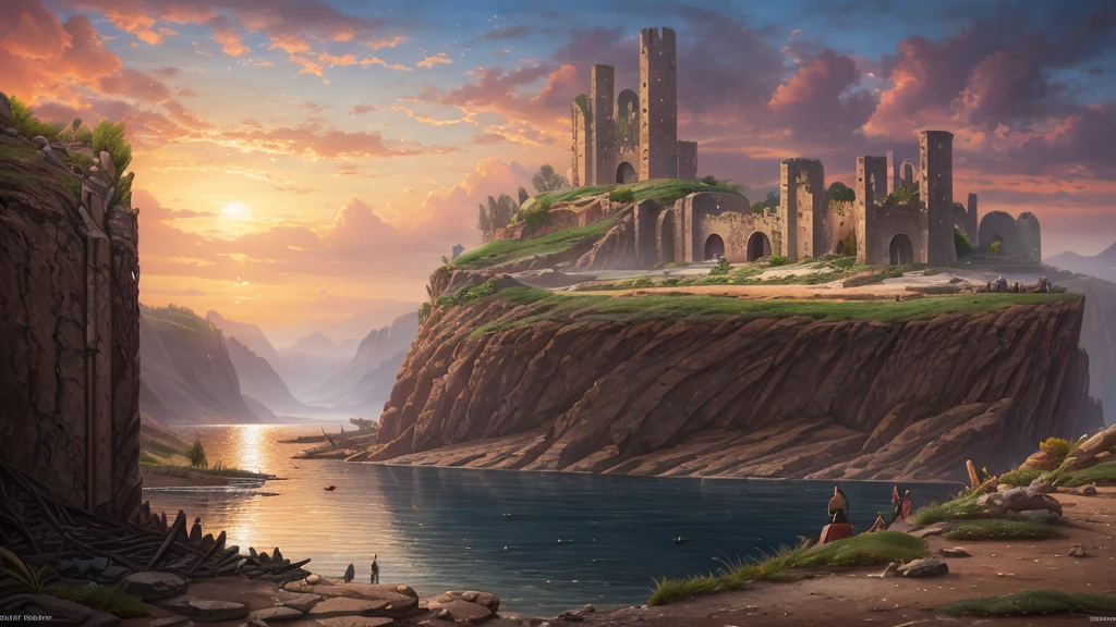 wide angle, panoramic view, a detailed fantasy landscape, enchanted desert, majestic lake, inspired by tolkien, in the style of john howe, ruins, ruined fortress, best quality, 4k, 8k, highres, masterpiece:1.2, ultra-detailed, realistic, photorealistic, photo-realistic:1.37, hdr, uhd, studio lighting, ultra-fine painting, sharp focus, physically-based rendering, extreme detail description, professional, vivid colors, bokeh, cinematic