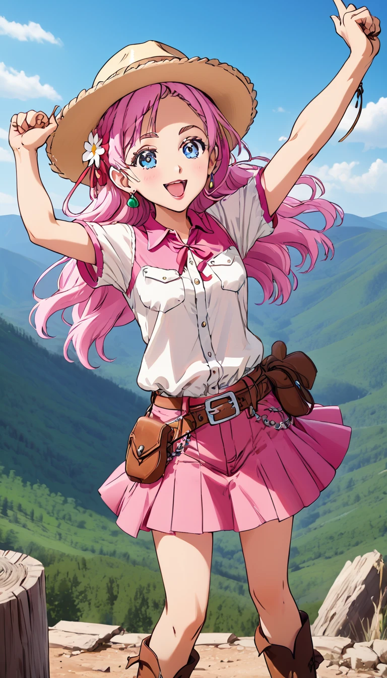 score_9, score_8_up, score_7_up, cure yell, standing, spread arms , stretching hands raise up,cowboy shot,from above,background mountain, serious smile,glossy lips,looking front