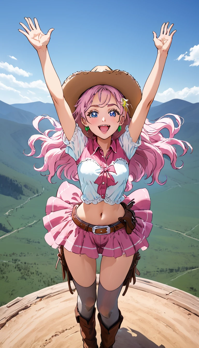 score_9, score_8_up, score_7_up, cure yell, standing, spread arms , stretching hands raise up,cowboy shot,from above,background mountain, serious smile,glossy lips,looking front
