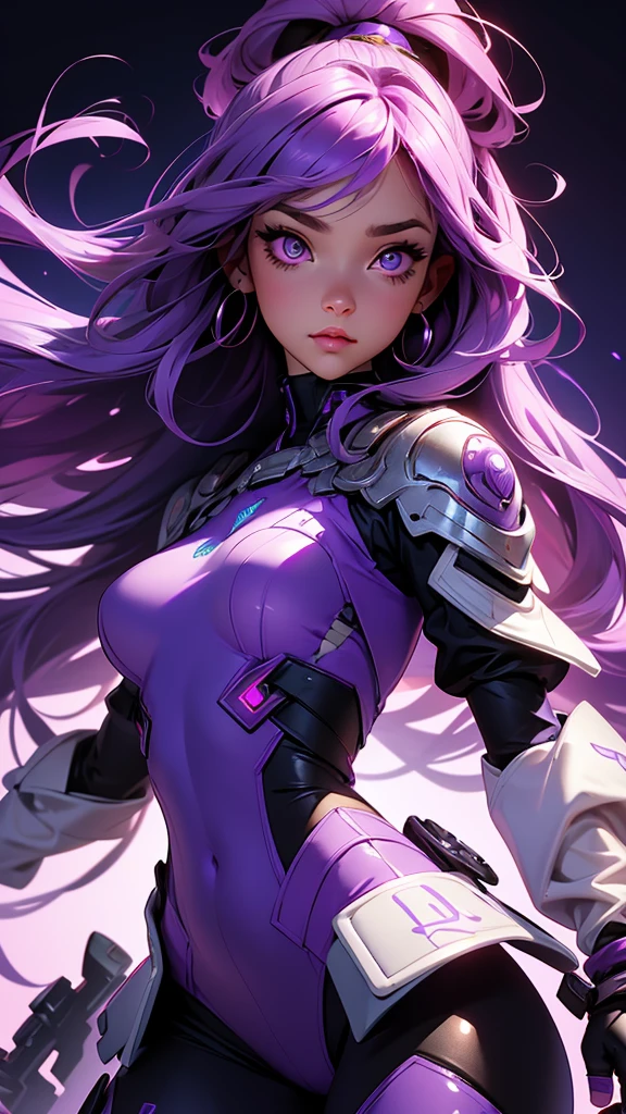 (best quality), (details), (amazing quality), (detailed), 1 girl, purple hair and eyes, purple outfit, looking at the viewer, sweet look, purple glowing eyes, white background