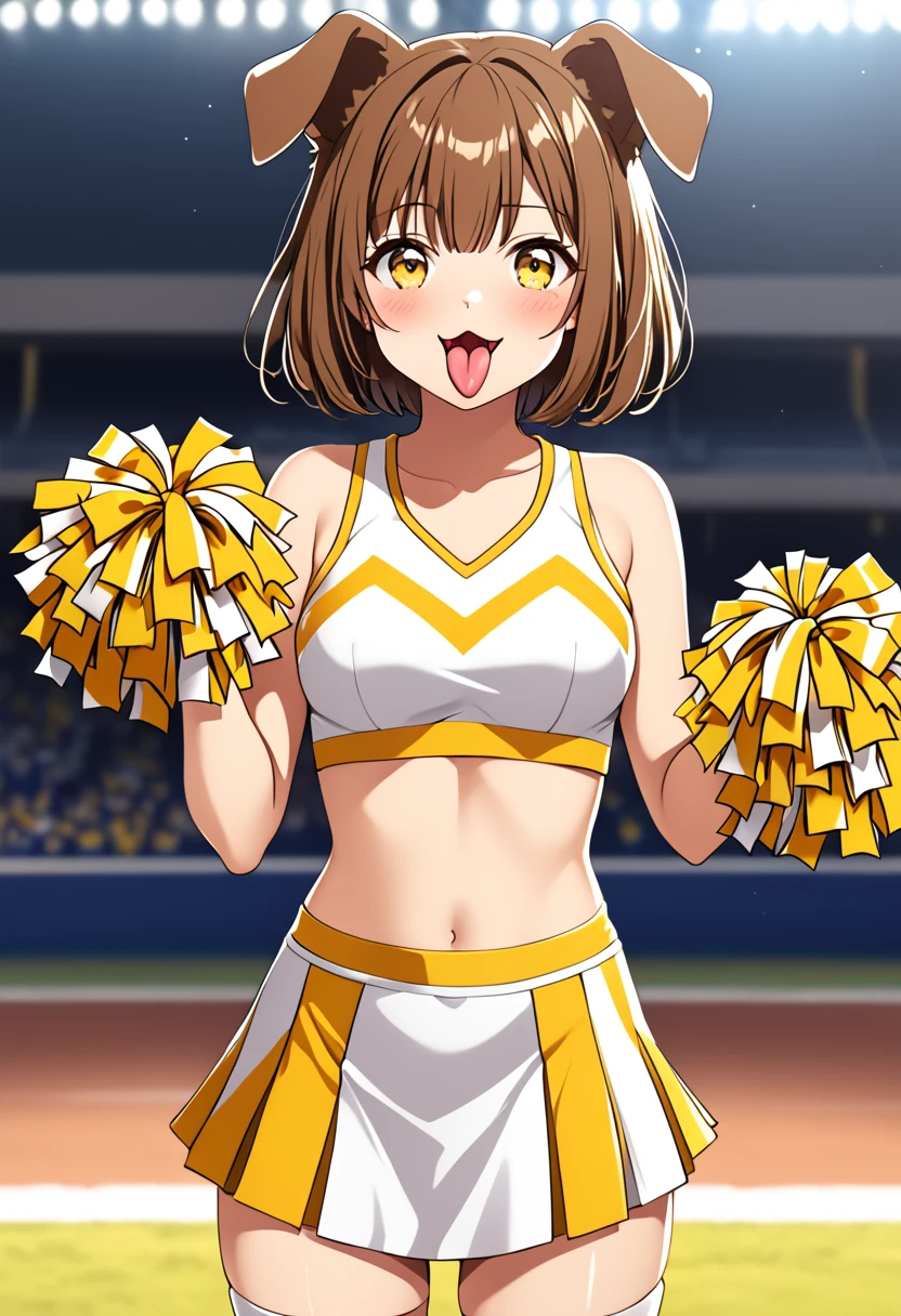 1girl, standing, tail wagging, dog ears, yellow eyes, brown hair, bangs, short hair, parted bangs, hand on own chest, tongue out, skin tight cheerleader outfit