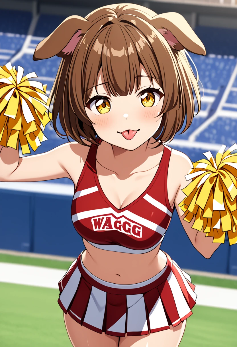 1girl, standing, tail wagging, dog ears, yellow eyes, brown hair, bangs, short hair, parted bangs, hand on own chest, tongue out, skin tight cheerleader outfit