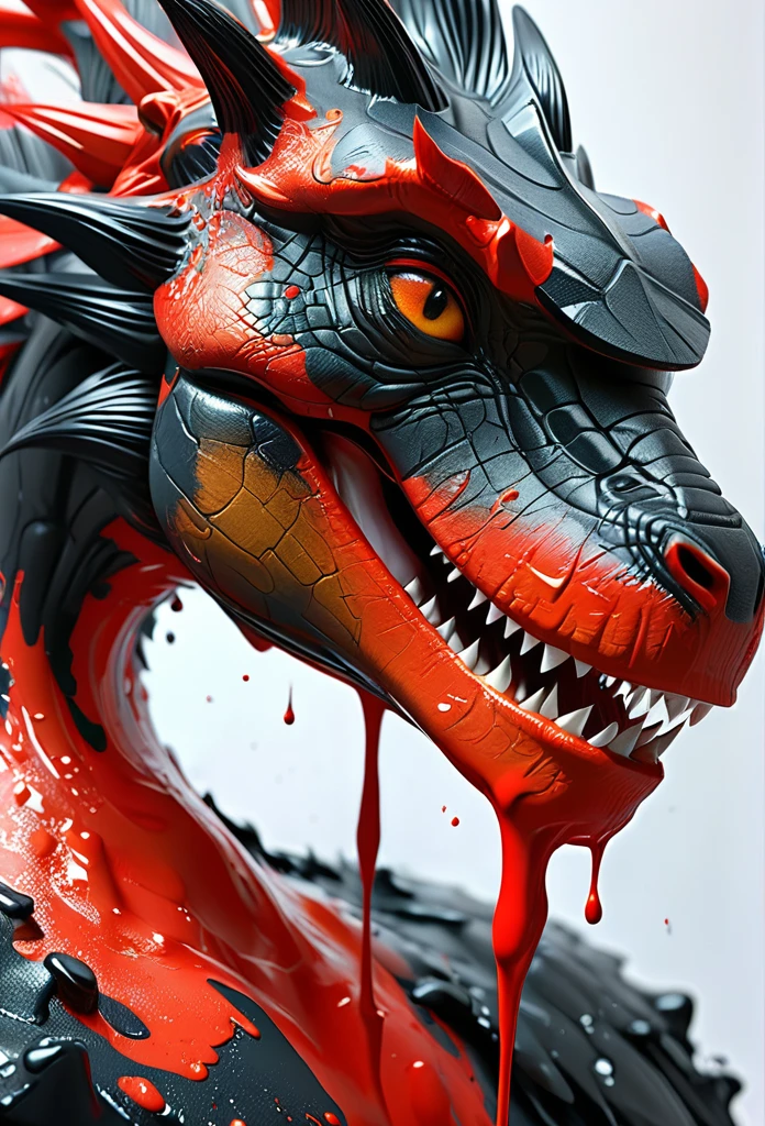 arte splash, a dinosaur rex head, very detailed mane ((White background)), piercing eyes, Epic Instagram, art-station, splash style of red and black paint+, Contour, hyper-detailed intricately detailed, engine unreal, awesome, details Intricate, splashscreen, colors complementary, realistic concept art, 8K resolution, deviantart masterpiece, oil-painting, heavy brush strokes, paint drips, splash arts latex black and red paint
