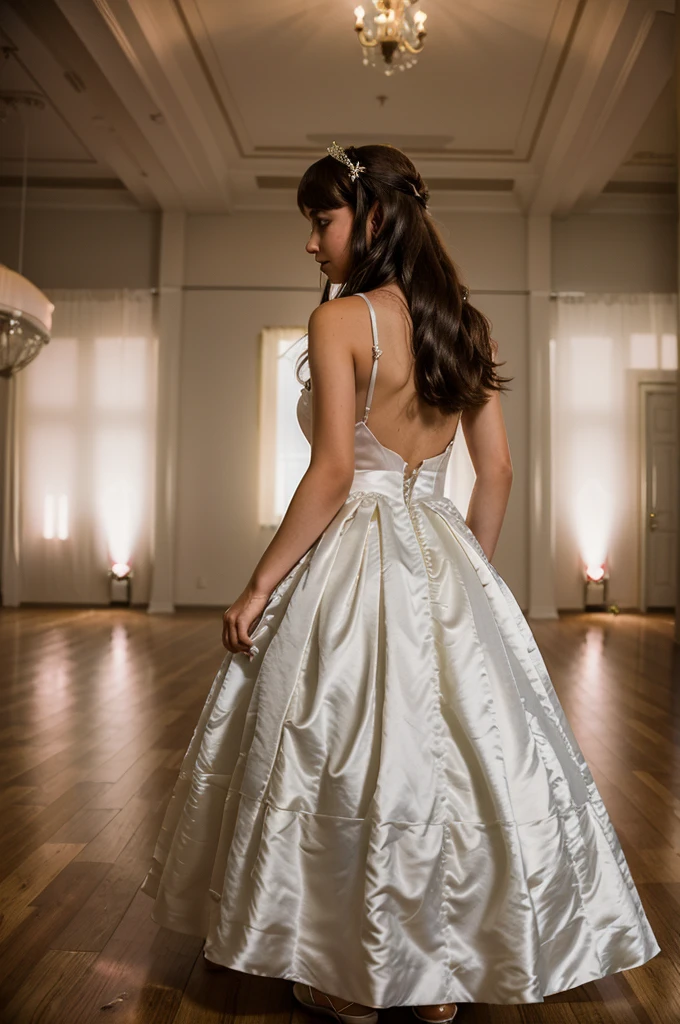 ((young girl))((tween bride))((12-year-old-girl)), (wearing a satin high back wedding dress) (standing in a ballroom,