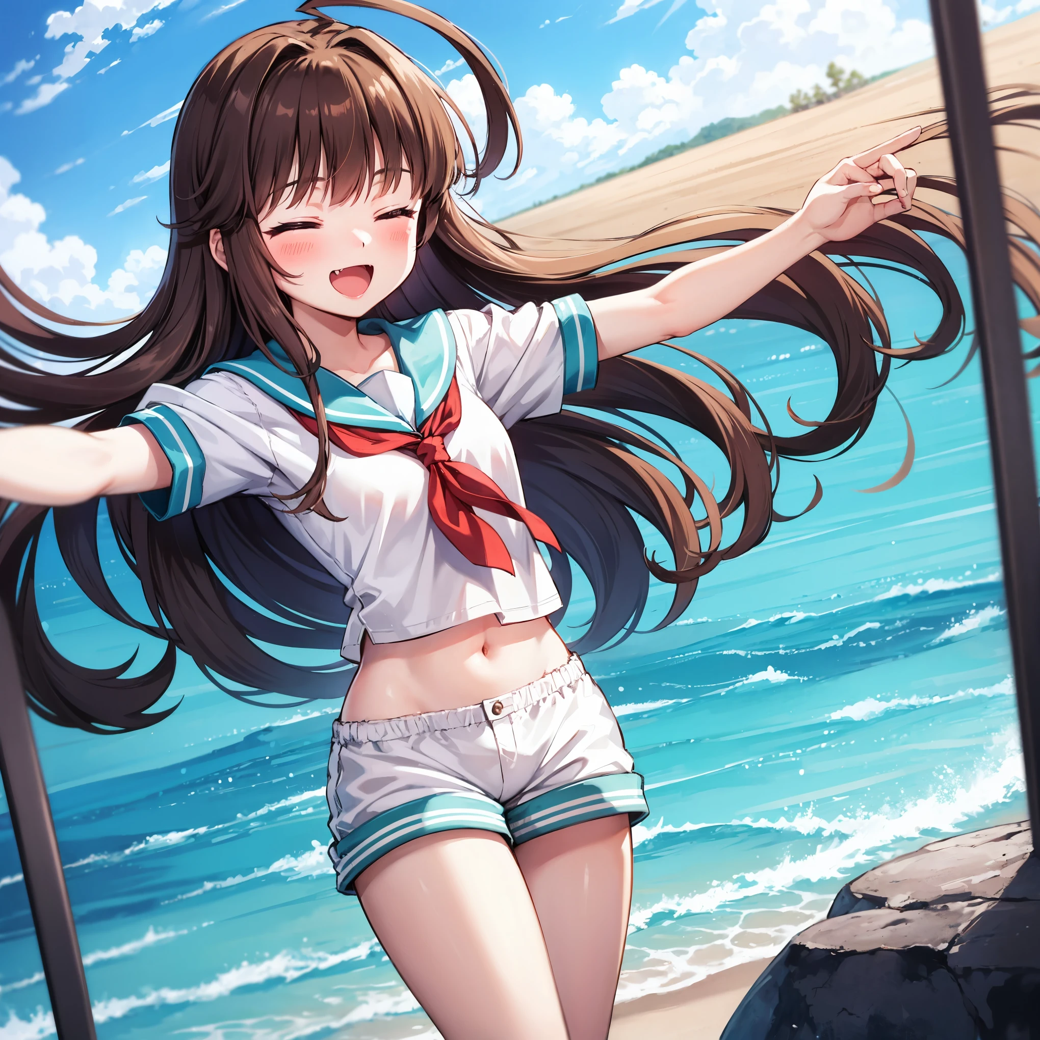 ung_teeirl, brown_hair, long_hair, sailor_uniform,white_ baggy_shorts, short_sleeve, thighs, small_breasts, big_smile, open_mouth, fang, harbor_landscape_background, slightly_spread_legs, happiness, covered_crotch,ahoge,XD,exciting_posing,closed_eyes