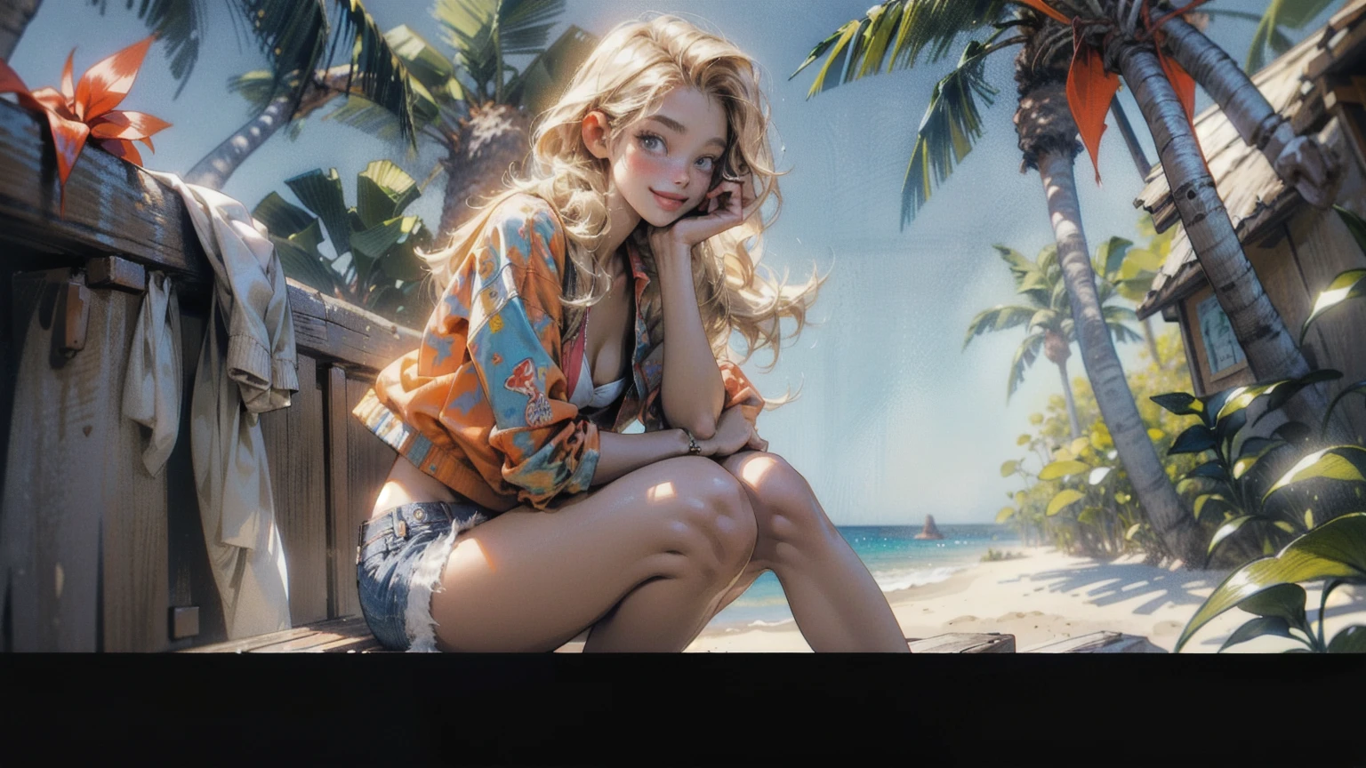 masterpiece、high resolution 8k、NSFW、sharp focus、contrast lighting、A cozy beach bar with a menu board, 1 girl, sitting on wooden stools,a red bikini top,blue denim jacket shorts,long blonde hair hair,smiling,headphone, a doorway leads to a sandy beach with a clear blue sky and a palm tree.
